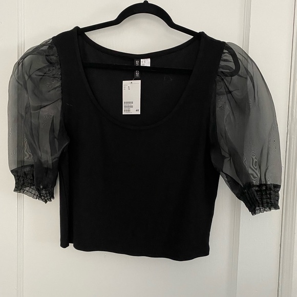 Divided Tops - H&M Divided Black crop top sheer puff sleeve Size XL New With Tag Whimsigoth